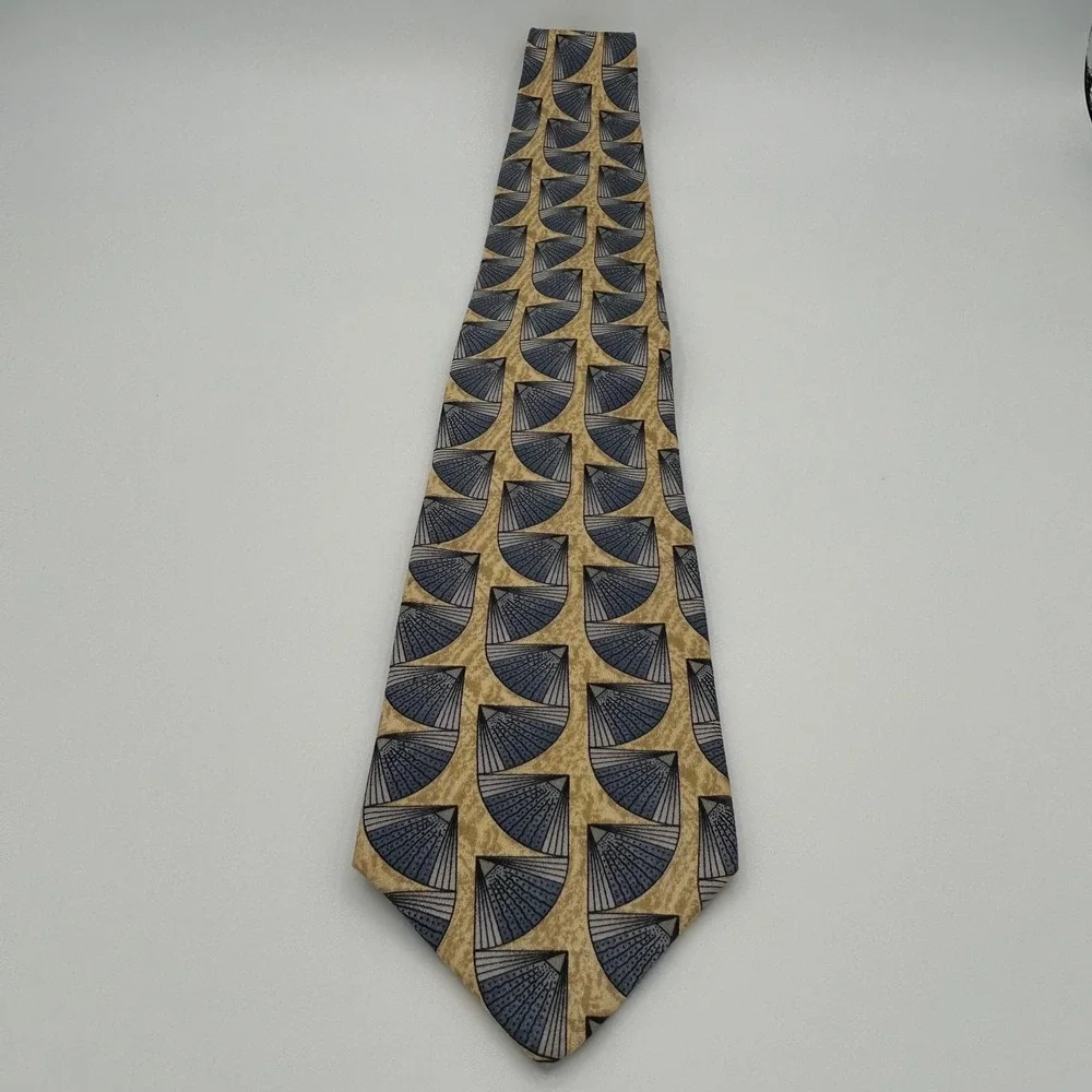Courreges Homme Necktie Mens OS Tan Blue Silk Geometric Art Deco 90s Vintage